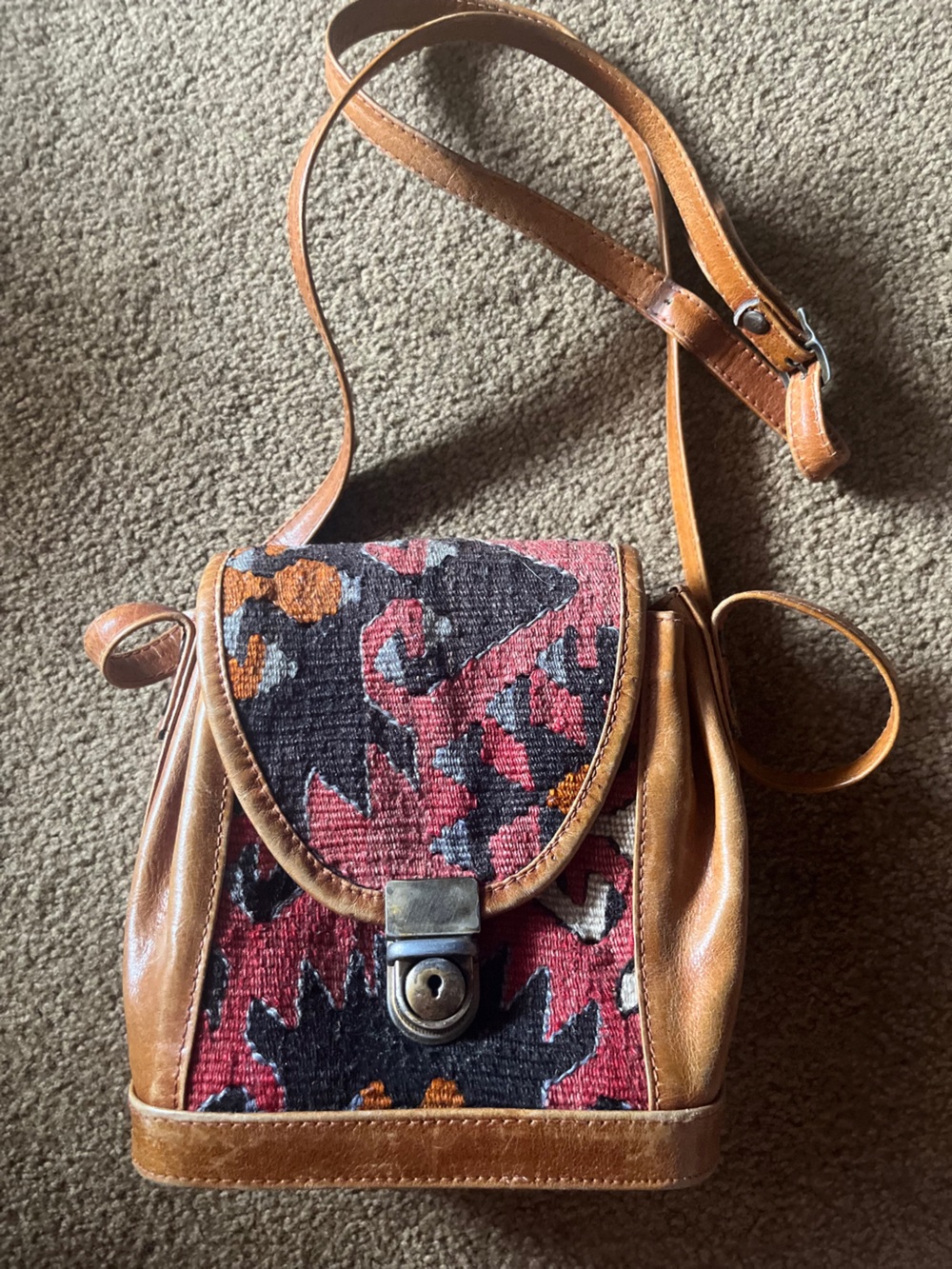 Turkish Leather-Trim Woven Pattern Crossbody Bag in Brown & Red